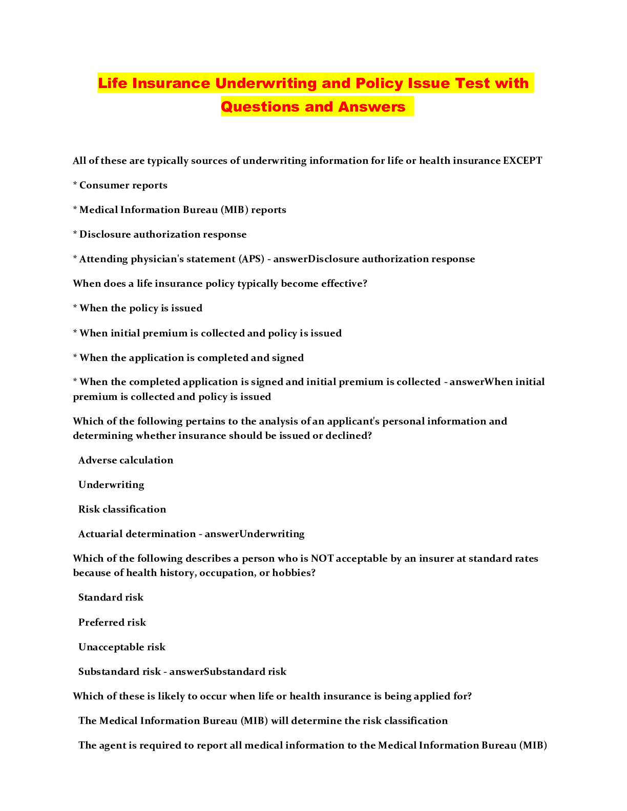 Life Insurance Underwriting and Policy Issue Test with Questions and Answers Browsegrades